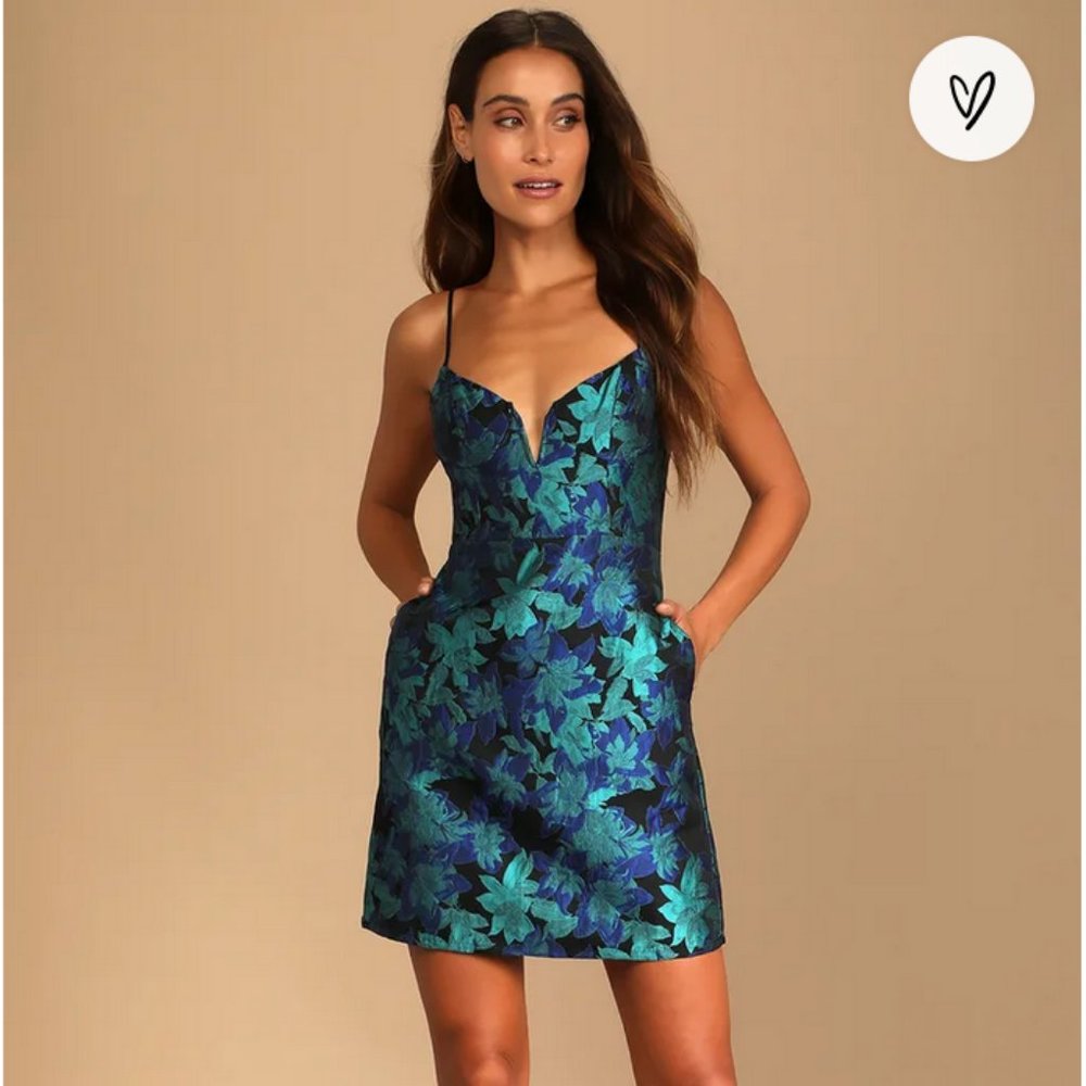 Ready for Festivities LULUS Blue Floral Jacquard Mini Dress